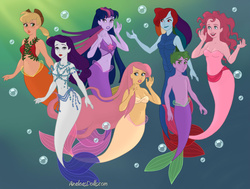 Size: 820x620 | Tagged: safe, artist:azaleasdolls, applejack, fluttershy, pinkie pie, rainbow dash, rarity, spike, twilight sparkle, alicorn, merboy, mermaid, merman, pony, g4, bare shoulders, disney, fins, mane seven, mane six, mermaid maker, mermaid tail, mermaidized, mermanized, strapless, the little mermaid, twilight sparkle (alicorn)