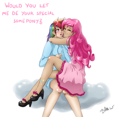 Size: 2534x2450 | Tagged: dead source, safe, artist:missangest, pinkie pie, rainbow dash, human, g4, blushing, clothes, dress, female, high heels, high res, hug, humanized, lesbian, mary janes, ship:pinkiedash, shipping