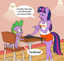 Size: 2100x2000 | Tagged: safe, artist:ashley_urikoshima, spike, twilight sparkle, anthro, plantigrade anthro, comic:pick your prey, g4, blushing, breasts, busty twilight sparkle, cleavage, dialogue, female, fetish, high res, hooters, imminent vore, kitchen eyes, open mouth, sneakers, spipred, tongue out, willing prey