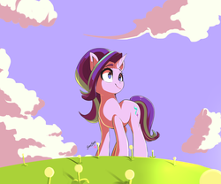 Size: 1280x1066 | Tagged: safe, artist:sourspot, starlight glimmer, pony, unicorn, g4, cloud, cute, dandelion, female, glimmerbetes, looking away, mare, outdoors, smiling, solo, standing