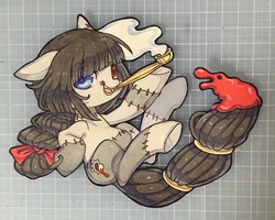 Size: 1280x1024 | Tagged: safe, artist:mosamosa_n, oc, oc only, commission, cutout, doll, heterochromia, pipe, smoking, solo, toy, traditional art