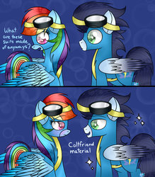 Size: 1024x1170 | Tagged: safe, artist:northlights8, rainbow dash, soarin', pony, g4, clothes, colored wings, colored wingtips, comic, female, goggles, male, pickup lines, ship:soarindash, shipping, straight, wonderbolts uniform