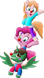 Size: 2144x3749 | Tagged: safe, artist:orcbrother, pinkie pie, oc, oc:frost d. tart, oc:magenta paws, alicorn, earth pony, pony, g4, alicorn oc, balancing, clown, clown nose, female, high res, male, mare, red nose, simple background, stallion, transparent background