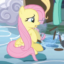 Size: 305x305 | Tagged: safe, screencap, fluttershy, zephyr breeze, pegasus, pony, flutter brutter, g4, animated, blinking, offscreen character, sitting, solo focus
