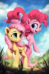 Size: 800x1200 | Tagged: safe, artist:assasinmonkey, part of a set, fluttershy, pinkie pie, earth pony, pegasus, pony, g4, andrea libman, cute, diapinkes, duo, duo female, female, folded wings, mare, open mouth, open smile, outdoors, raised hoof, shyabetes, smiling, voice actor joke, wings