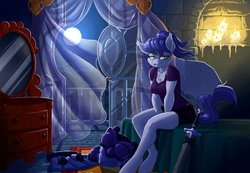 Size: 1449x1000 | Tagged: safe, artist:pusspuss, oc, oc only, oc:stella, oc:stella sabre, bat pony, anthro, unguligrade anthro, armor, balcony, bed, candle, fanfic art, looking at you, moon, solo, sword, weapon