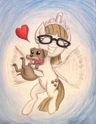 Size: 785x1017 | Tagged: safe, artist:thefriendlyelephant, ripley, zippoorwhill, dog, pegasus, pony, g4, abstract background, belly button, commission, cute, eyes closed, filly, glasses, grin, heart, hug, jewelry, midair, paw pads, paw prints, pet, puppy, smiling, thefriendlyelephant is trying to murder us, tiara, traditional art, zippoorbetes