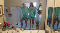 Size: 1279x721 | Tagged: safe, rainbow dash, human, g4, bathroom, bathtub, clothes, ethan and hila, ethan klein, h3h3, h3h3productions, hat, hila klein, irl, irl human, merchandise, mirror, phone, photo, sandals, shower, sink, socks, swimming trunks, towel, youtube, youtube link