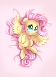 Size: 1024x1408 | Tagged: safe, artist:mimijuliane, fluttershy, pegasus, pony, g4, bellyrubs, cute, female, floppy ears, hooves to the chest, looking at you, on back, shyabetes, solo, spread out hair, spread wings, watermark