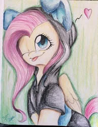 Size: 1024x1321 | Tagged: safe, artist:futuritsiccrystal, fluttershy, pegasus, pony, g4, bunny ears, clothes, costume, cute, dangerous mission outfit, female, goggles, green background, heart, hoodie, mare, one eye closed, shyabetes, simple background, smiling, solo, tongue out, traditional art, wink