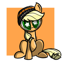 Size: 2400x2400 | Tagged: safe, artist:malphee, applejack, g4, beanie, female, hat, high res, looking at you, raised hoof, solo, wingding eyes