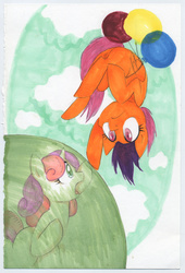 Size: 1906x2796 | Tagged: safe, artist:frozensoulpony, scootaloo, sweetie belle, g4, balloon, bubble, in bubble, traditional art