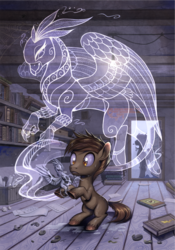 Size: 1200x1713 | Tagged: safe, artist:stasysolitude, oc, oc only, earth pony, ghost, griffon, pony, undead, book, fanfic art, statue, statuette