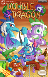 Size: 1200x1920 | Tagged: safe, artist:berrypawnch, crackle, garble, princess ember, rarity, spike, twilight sparkle, dragon, g4, beefspike, bloodstone scepter, box art, double dragon, nintendo, nintendo entertainment system, parody, video game cover