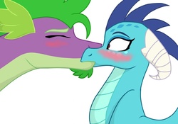 Size: 1024x715 | Tagged: safe, artist:colourstrike, princess ember, spike, dragon, g4, beard, blushing, dragoness, facial hair, female, kiss on the lips, kissing, male, older, older spike, ship:emberspike, shipping, simple background, story included, straight, surprise kiss, surprised, white background