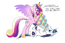 Size: 1386x922 | Tagged: safe, artist:calorie, princess cadance, shining armor, alicorn, pony, unicorn, g4, angry, cake, dialogue, feedee, feeder, female, food, force feeding, male, shining armor is a goddamn moron, ship:shiningcadance, shipping, simple background, straight, this will end in weight gain, white background