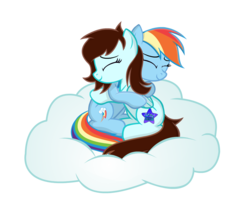 Size: 1232x1000 | Tagged: safe, artist:kingtoby19, rainbow dash, oc, oc:linormusicbeat, pegasus, pony, g4, cloud, cuddling, cute, dashabetes, eyes closed, hug, simple background, smiling, snuggling, transparent background, vector