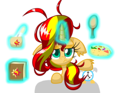 Size: 1600x1200 | Tagged: safe, artist:lovehtf421, sunset shimmer, pony, unicorn, g4, bed mane, female, floppy ears, food, journey book, magic, morning ponies, solo, taco