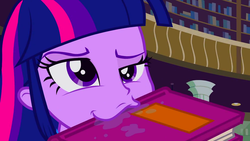 Size: 1280x720 | Tagged: safe, screencap, twilight sparkle, human, equestria girls, g4, :3, berk, bibliovore, book, drool, faic, female, humans doing horse things, lidded eyes, mouth hold, nom, raised eyebrow, solo, that pony sure does love books