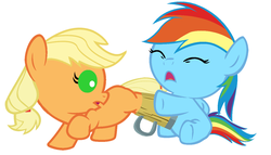 Size: 1280x733 | Tagged: safe, artist:red4567, applejack, rainbow dash, g4, baby dash, babyjack, cider, cup, cute, dashabetes, foal, hooves, jackabetes, red4567 is trying to murder us, stuck, weapons-grade cute
