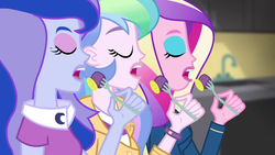 Size: 1280x720 | Tagged: safe, screencap, dean cadance, princess cadance, princess celestia, princess luna, principal celestia, vice principal luna, human, acadeca, equestria girls, g4, my little pony equestria girls: friendship games, cake, cakelestia, eating, eyes closed, female, food, fork, open mouth, sisters, trio, trio female