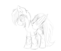 Size: 1500x1244 | Tagged: safe, artist:bravefleet, oc, oc only, oc:brave fleet, pegasus, pony, clothes, cute, monochrome, old, poker face, sketch, socks, solo, tail feathers, thigh highs, wings