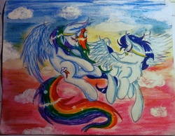 Size: 1024x794 | Tagged: safe, artist:snowshine5, rainbow dash, soarin', pony, g4, female, male, ship:soarindash, shipping, straight, traditional art