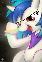 Size: 1875x2750 | Tagged: safe, artist:shinodage, dj pon-3, vinyl scratch, pony, g4, bandana, bracelet, female, glowstick, happy, jewelry, rave, solo