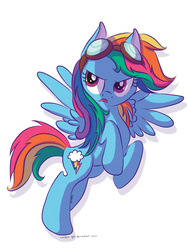 Size: 4259x5699 | Tagged: dead source, safe, artist:random-gal, rainbow dash, pegasus, pony, g4, absurd resolution, alternate hairstyle, female, goggles, long mane, rearing, solo, spread wings, unamused, wings