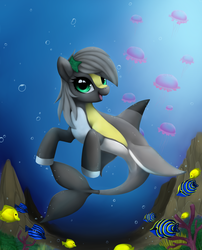 Size: 2000x2472 | Tagged: safe, artist:yechii, oc, oc only, fish, jellyfish, merpony, bubble, solo, underwater