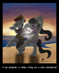 Size: 1050x1294 | Tagged: safe, artist:jorobro, octavia melody, uncle curio, earth pony, pony, g4, duo, female, glasses, karate kid, male, mare, stallion, standing, standing on one leg