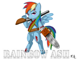 Size: 1164x911 | Tagged: safe, artist:shadowninja976, rainbow dash, pegasus, pony, g4, ash williams, blood, boomstick, chainsaw, crossover, evil dead, female, gun, mare, pun, shotgun, simple background, solo, transparent background, weapon