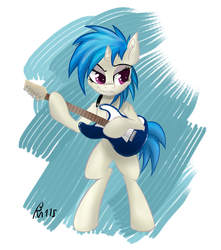 Size: 2250x2543 | Tagged: safe, artist:drizziedoodles, dj pon-3, vinyl scratch, pony, semi-anthro, g4, alternate hairstyle, bipedal, female, guitar, solo