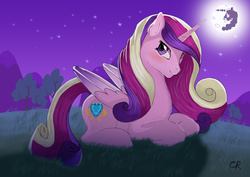 Size: 4961x3508 | Tagged: safe, artist:casparraillen, princess cadance, g4, blushing, female, mare in the moon, moon, night, solo