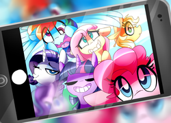Size: 2800x2000 | Tagged: safe, artist:nekosnicker, applejack, fluttershy, pinkie pie, rainbow dash, rarity, starlight glimmer, twilight sparkle, g4, blurred, cellphone, duckface, high res, iphone, mane six, one of these things is not like the others, phone, selfie