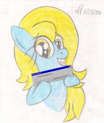 Size: 1077x1270 | Tagged: safe, artist:xwoofyhoundx, oc, oc only, oc:internet explorer, pony, browser ponies, error, error message, internet explorer, microsoft windows, question, solo, traditional art