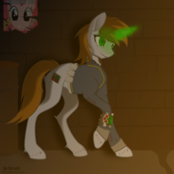 Size: 3000x3000 | Tagged: safe, artist:skrollz, pinkie pie, oc, oc:littlepip, earth pony, pony, unicorn, fallout equestria, g4, clothes, fanfic, fanfic art, female, forever, glowing horn, high res, hoof fluff, hooves, horn, jumpsuit, looking at you, magic, mare, ministry mares, ministry of morale, pinkie pie is watching you, pipbuck, poster, propaganda, smiling, solo, text, vault suit