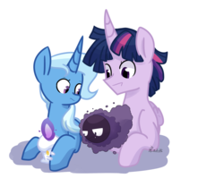 Size: 2700x2148 | Tagged: safe, artist:yaco, trixie, twilight sparkle, alicorn, gastly, litwick, pony, g4, crossover, dusk shine, female, half r63 shipping, high res, male, pokémon, prince dusk, rule 63, scared, shipping, straight, twilight sparkle (alicorn)
