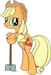 Size: 2500x3686 | Tagged: safe, artist:datapony, applejack, earth pony, pony, g4, bipedal, bipedal leaning, female, high res, mare, shovel, simple background, smiling, solo, transparent background