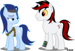 Size: 4653x3174 | Tagged: safe, artist:skrollz, oc, oc only, oc:blackjack, oc:p-21, fallout equestria, fallout equestria: project horizons, bedroom eyes, pjack, rule 63, simple background, story in the comments, transparent background