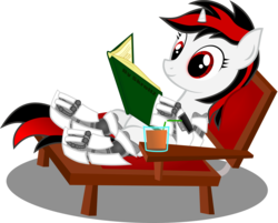 Size: 2112x1694 | Tagged: safe, artist:skrollz, oc, oc only, oc:blackjack, cyborg, pony, unicorn, fallout equestria, fallout equestria: project horizons, amputee, beach chair, book, chair, cybernetic legs, fanfic, fanfic art, female, glasses, hooves, horn, level 1 (project horizons), lying down, mare, simple background, smiling, solo, text, transparent background