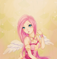 Size: 1000x1025 | Tagged: safe, artist:tokikow, fluttershy, human, g4, breasts, cleavage, clothes, dress, female, humanized, solo, winged humanization, wings