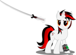 Size: 4358x3202 | Tagged: safe, artist:skrollz, oc, oc only, oc:blackjack, pony, unicorn, fallout equestria, fallout equestria: project horizons, cutie mark, fanfic, fanfic art, female, glowing horn, hooves, horn, jaundice, katana, levitation, magic, mare, pipbuck, simple background, solo, sword, telekinesis, transparent background, weapon