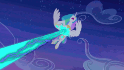 Size: 960x540 | Tagged: safe, edit, edited screencap, screencap, princess celestia, g4, princess twilight sparkle (episode), animated, female, implied nightmare moon, laser, loop, nose in the air, reversed, solo, volumetric mouth
