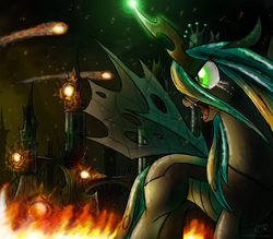 Size: 2400x2100 | Tagged: safe, artist:theomegaridley, queen chrysalis, changeling, changeling queen, g4, crown, crying, female, fight, fire, fireball, jewelry, magic, regalia, solo