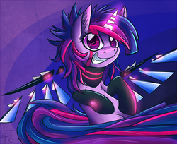Size: 1250x1020 | Tagged: dead source, safe, artist:php92, twilight sparkle, alicorn, cyborg, pony, g4, alternate hairstyle, amputee, augmented, badass, clothes, cyberpunk, female, prosthetic horn, prosthetic limb, prosthetic wing, prosthetics, smiling, socks, solo, tattoo, twilight snapple, twilight sparkle (alicorn)