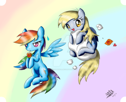 Size: 1024x829 | Tagged: safe, artist:estefanoida, derpy hooves, rainbow dash, pegasus, pony, g4, cloud, cute, female, flying, juice, juice box, mare