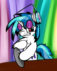 Size: 849x1053 | Tagged: safe, artist:parassaux, dj pon-3, vinyl scratch, g4, female, fluffy, glasses, grin, headphones, smiling, solo, vinyl disc