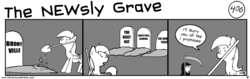 Size: 1604x506 | Tagged: safe, artist:tetrapony, derpy hooves, dinky hooves, pegasus, pony, comic:the daily derp, g4, bronyville podcast, comic, equestria gaming, female, grave, mare, monochrome, shovel, the daily oat