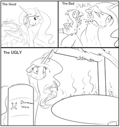 Size: 1020x1080 | Tagged: safe, artist:silfoe, philomena, princess celestia, phoenix, royal sketchbook, g4, ask, biohazard, comic, dialogue, dustpan, floppy ears, grayscale, gross, magic, monochrome, pickaxe, poop, the good the bad and the ugly, tumblr, wide eyes